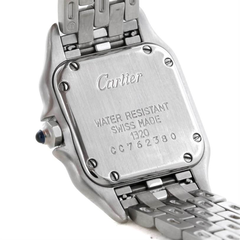 This image shows the back case and bracelet of the Cartier Panthere W25033P5 Women
s Stainless Steel Silver Dial W25033P5 Women
s Stainless Steel Silver Dial model watch from an angled perspective.
