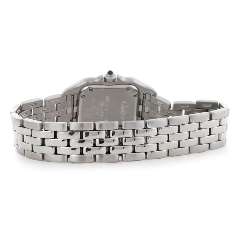 This image shows the back and bracelet of a Panthere model watch by Cartier from a direct rear angle.