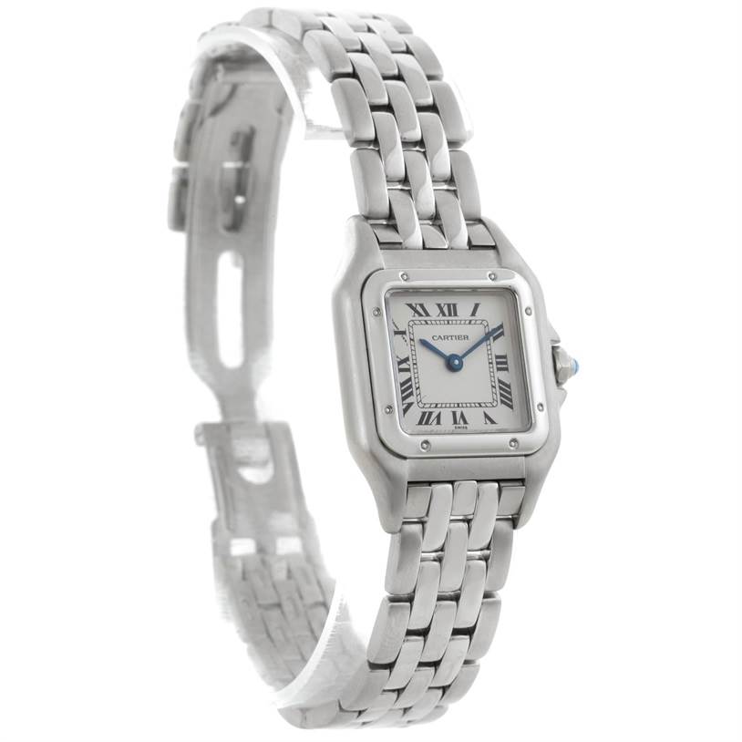 This image shows a front angle of a Cartier Panthere W25033P5 Women
s Stainless Steel Silver Dial W25033P5 Women
s Stainless Steel Silver Dial model watch, highlighting the face, bezel, and bracelet.