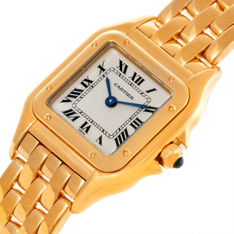 This image shows a close-up of the Cartier Panthere W25022B9 Women
s Yellow Gold Silver Dial W25022B9 Women
s Yellow Gold Silver Dial watch from a top-down angle, highlighting its square face and gold bracelet.