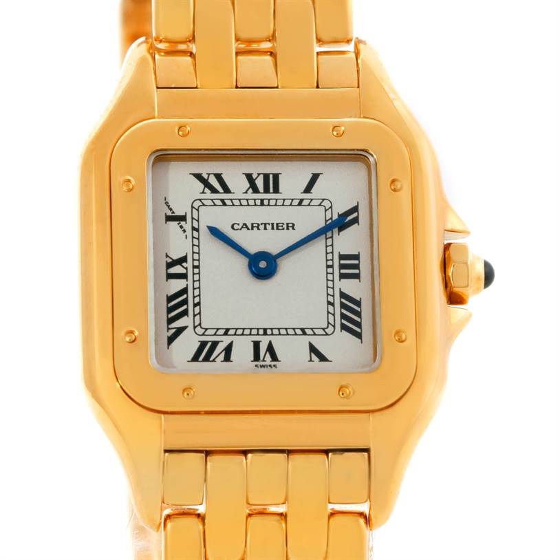 This image shows a close-up view of the dial, bezel, and part of the bracelet of the Cartier Panthere W25022B9 Women
s Yellow Gold Silver Dial W25022B9 Women
s Yellow Gold Silver Dial watch.