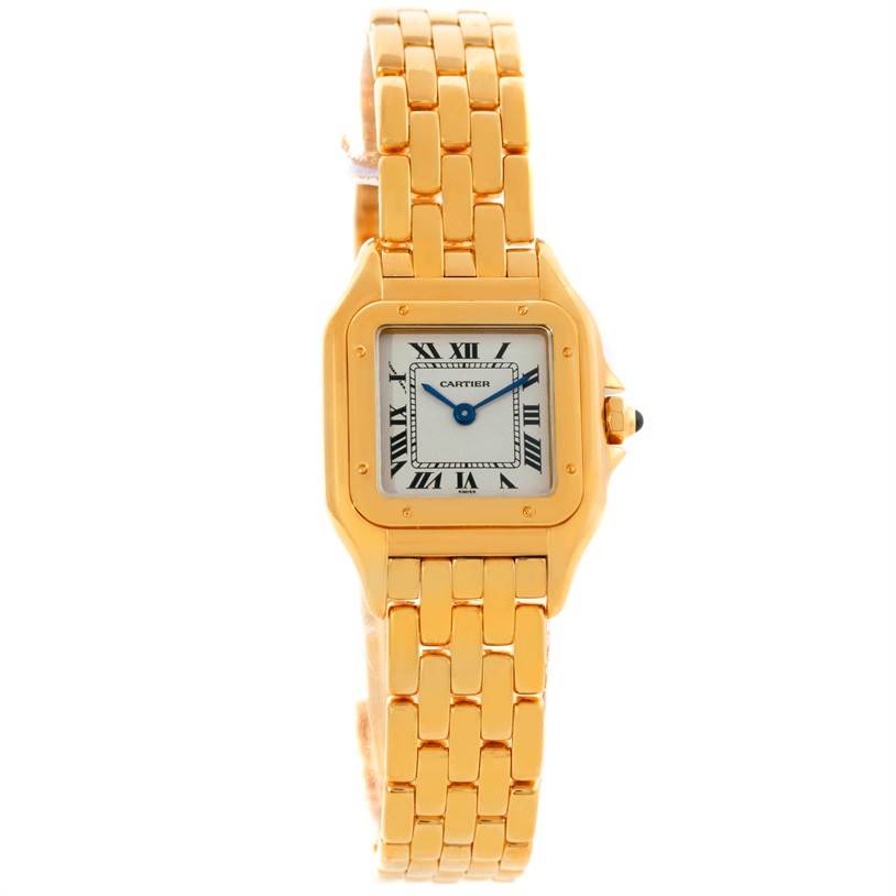The image shows a frontal view of a Cartier Panthere W25022B9 Women
s Yellow Gold Silver Dial W25022B9 Women
s Yellow Gold Silver Dial model watch, highlighting its gold bracelet and square face with Roman numerals.