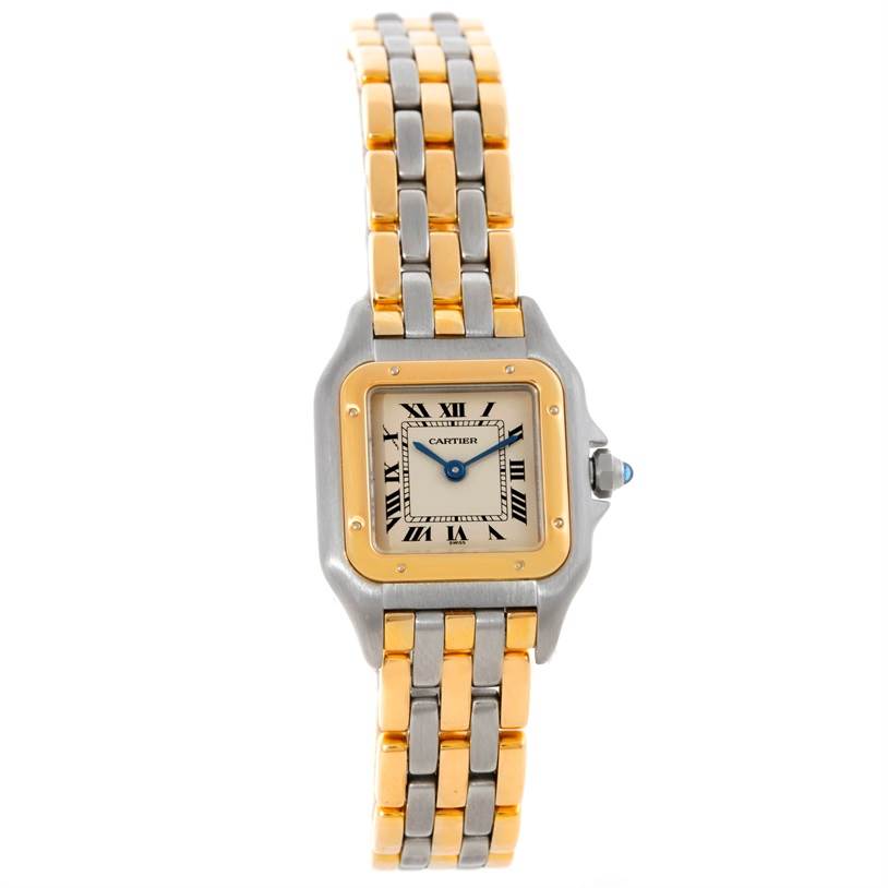 The Cartier Panthere W25029B6 Women's Stainless Steel Beige Dial W25029B6 Women's Stainless Steel Beige Dial watch is shown from the top, displaying the face, bezel, and bracelet.