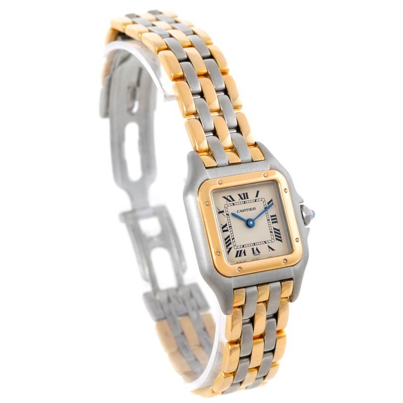 The Panthere de Cartier watch is shown at a three-quarter angle, highlighting the face, bezel, and bracelet.