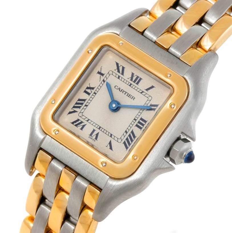 This image displays a close-up of the Cartier Panthere W25029B6 Women's Stainless Steel Beige Dial W25029B6 Women's Stainless Steel Beige Dial watch, highlighting its face, bezel, and part of the bracelet.