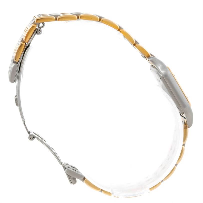 The image shows a side view of the Cartier Panthere W25029B6 Women's Stainless Steel Beige Dial W25029B6 Women's Stainless Steel Beige Dial model watch, highlighting its two-tone bracelet and case.