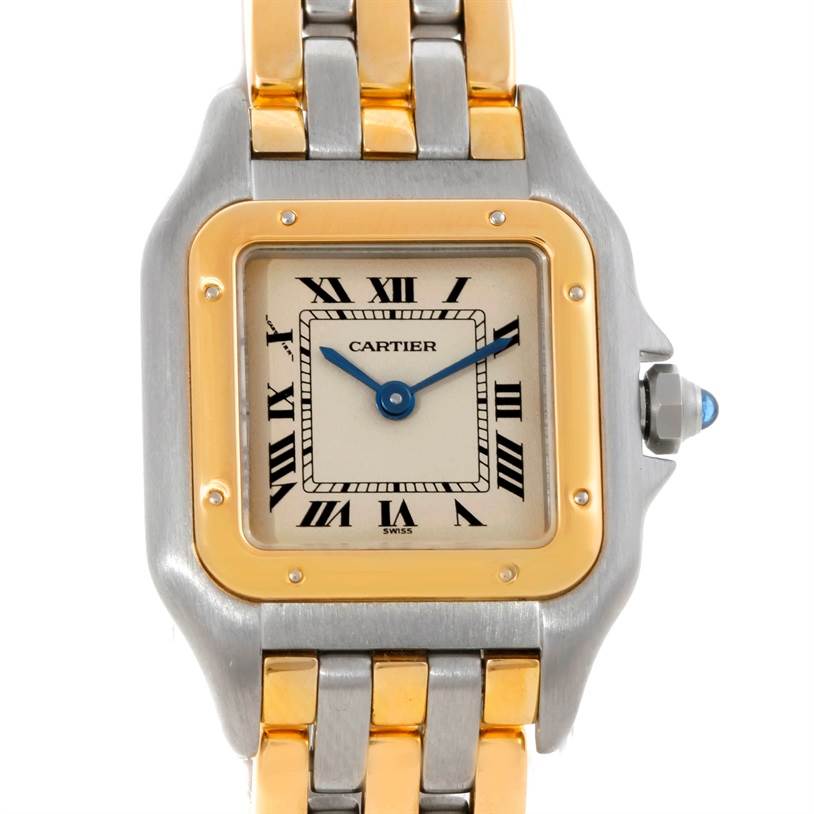 The image shows a close-up of the dial, bezel, and part of the bracelet of the Cartier Panthere W25029B6 Women's Stainless Steel Beige Dial W25029B6 Women's Stainless Steel Beige Dial watch.