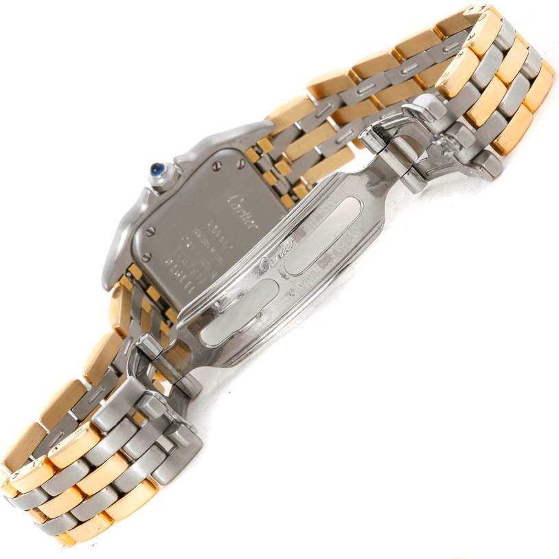 The image shows the back and partially open clasp of a Cartier Panthere W25029B6 Women's Stainless Steel Beige Dial W25029B6 Women's Stainless Steel Beige Dial watch, highlighting its two-tone bracelet.