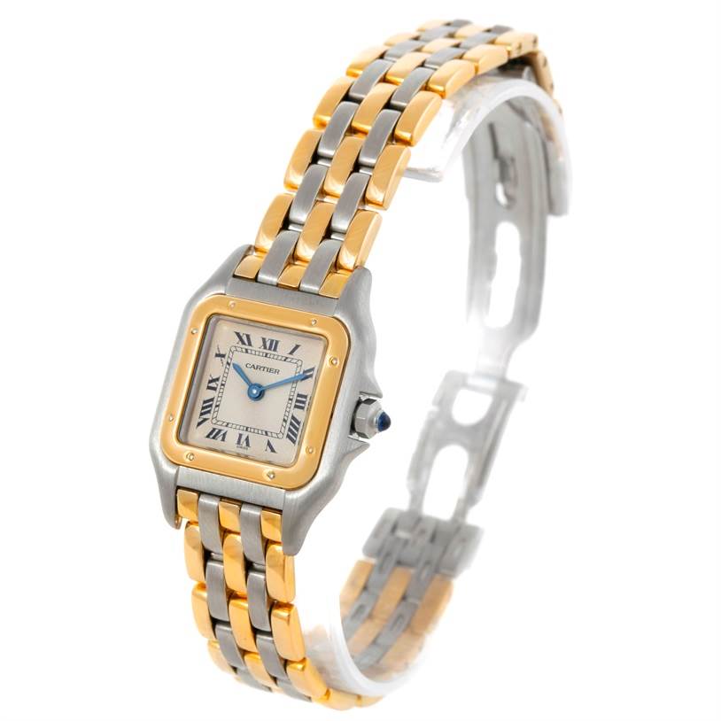 The image shows the face and bracelet of the Cartier Panthere W25029B6 Women's Stainless Steel Beige Dial W25029B6 Women's Stainless Steel Beige Dial watch, viewed from an angled perspective.