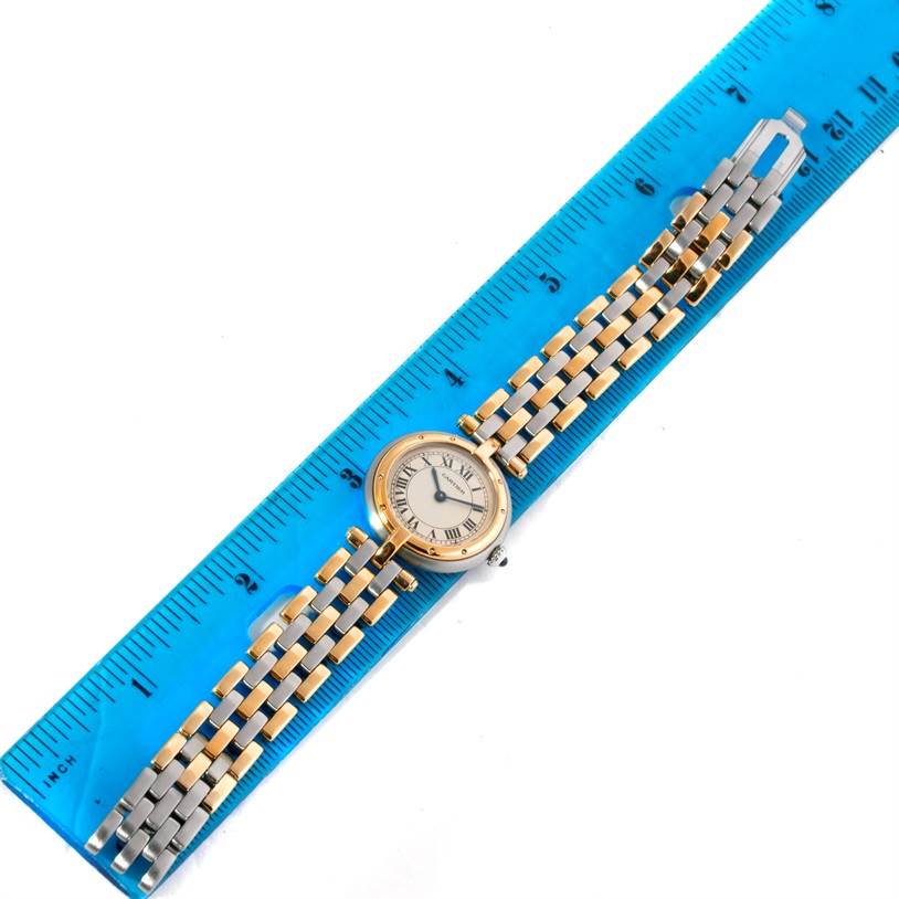 The image shows the Panthere model by Cartier from a top-down angle, highlighting its face and multi-link bracelet.