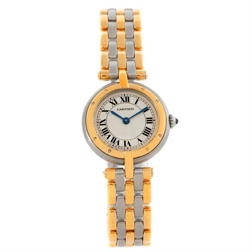 The image shows a Cartier Panthere Women's Steel and Gold (two tone) Beige Dial Women's Steel and Gold (two tone) Beige Dial watch from a top-down angle, highlighting its face, bezel, and two-tone bracelet.