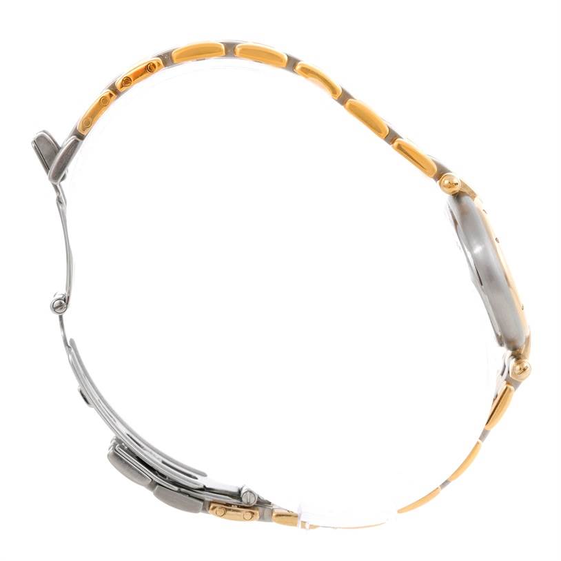 A side view of the Cartier Panthere Women's Steel and Gold (two tone) Beige Dial Women's Steel and Gold (two tone) Beige Dial watch, showing its two-tone metal band and slender case profile.