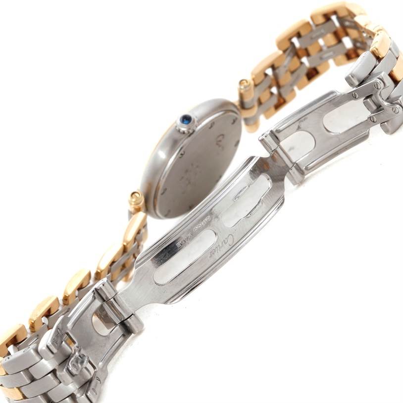 The image shows the backside and clasp of the Cartier Panthere Women's Steel and Gold (two tone) Beige Dial Women's Steel and Gold (two tone) Beige Dial watch, focusing on the metal band and the engraved clasp.