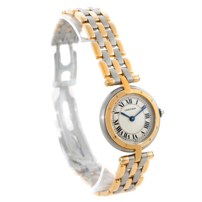 This side-angle view shows the face and bracelet of the Cartier Panthere Women's Steel and Gold (two tone) Beige Dial Women's Steel and Gold (two tone) Beige Dial watch, highlighting its two-tone design.