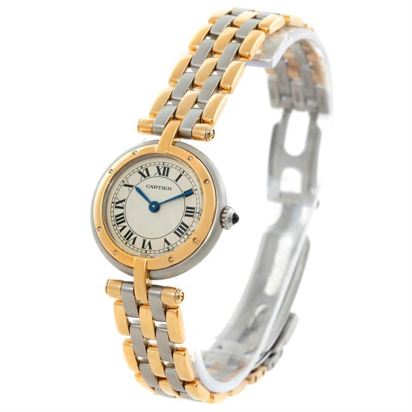 The image shows a Cartier Panthere Women's Steel and Gold (two tone) Beige Dial Women's Steel and Gold (two tone) Beige Dial watch featuring a gold and silver bracelet, round bezel, and Roman numeral dial, viewed at an angle.