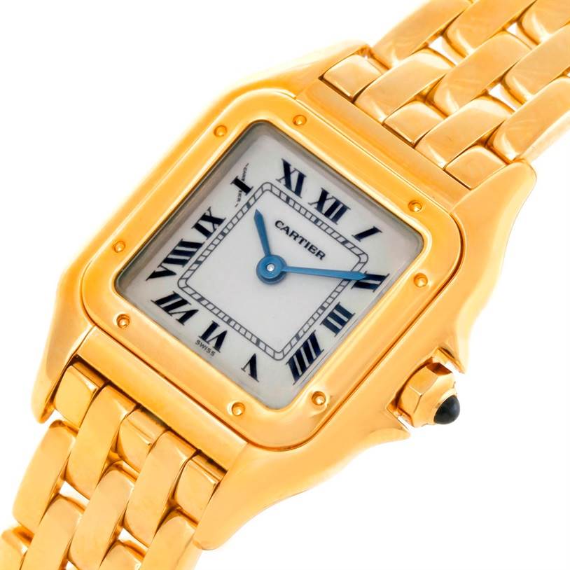 The Cartier Panthere W25022B9 Women's Yellow Gold Silver Dial W25022B9 Women's Yellow Gold Silver Dial watch is shown from a top angle, highlighting its gold bracelet, square face, and Roman numeral dial.