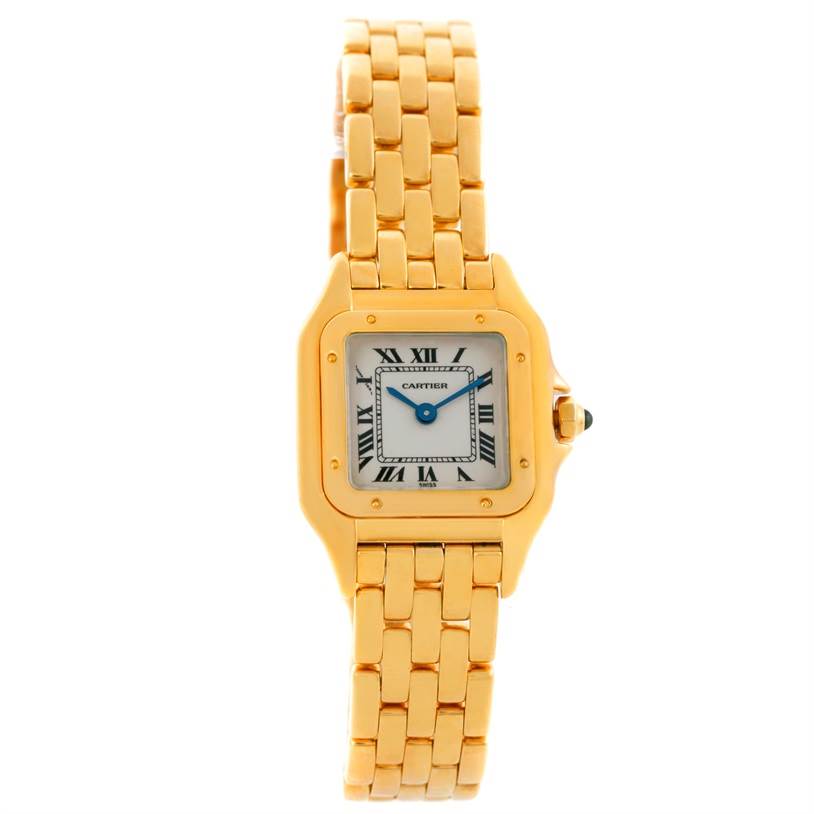 The Cartier Panthere W25022B9 Women's Yellow Gold Silver Dial W25022B9 Women's Yellow Gold Silver Dial watch is shown from the front, displaying its gold case, white dial with Roman numerals, and gold bracelet.