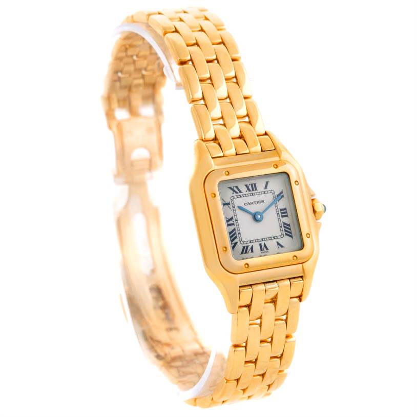 The image shows a gold Cartier Panthere W25022B9 Women's Yellow Gold Silver Dial W25022B9 Women's Yellow Gold Silver Dial model watch, featuring its face, bracelet, and part of the clasp, at an angled view.