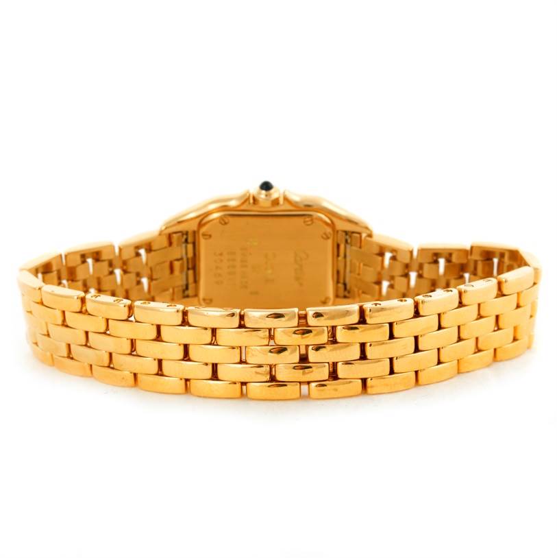 The image shows the back view of the Cartier Panthere W25022B9 Women's Yellow Gold Silver Dial W25022B9 Women's Yellow Gold Silver Dial model watch, highlighting the gold bracelet and case back.