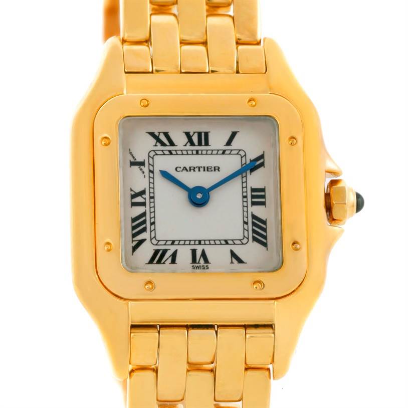 This is a close-up view of the Cartier Panthere W25022B9 Women's Yellow Gold Silver Dial W25022B9 Women's Yellow Gold Silver Dial watch, showcasing the dial, case, and part of the bracelet.