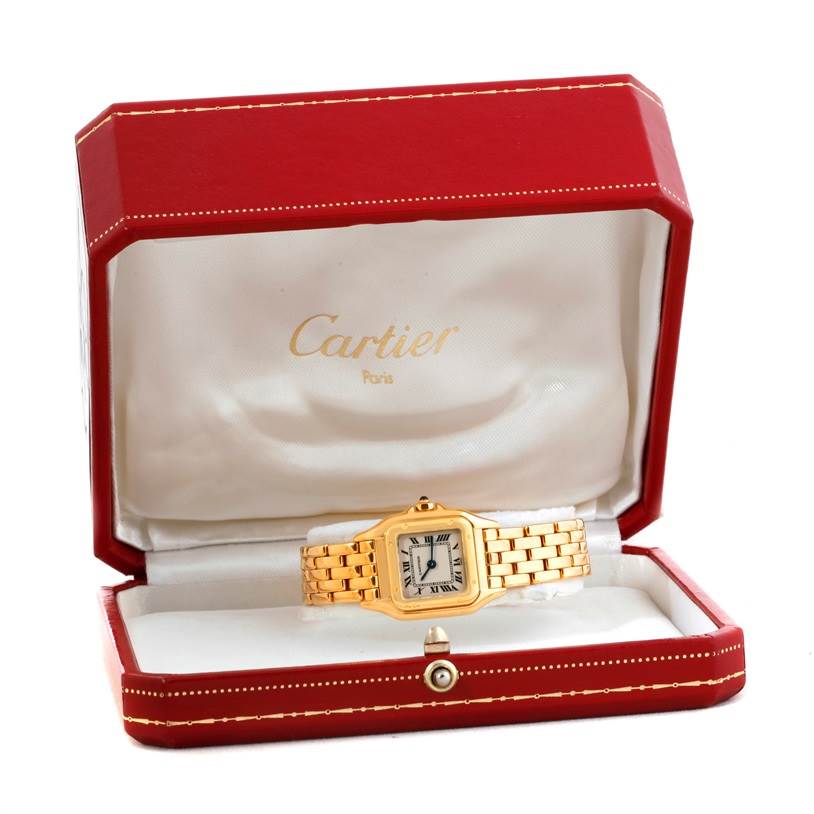 The Cartier Panthere W25022B9 Women's Yellow Gold Silver Dial W25022B9 Women's Yellow Gold Silver Dial watch is shown in front view, displayed inside its red case.