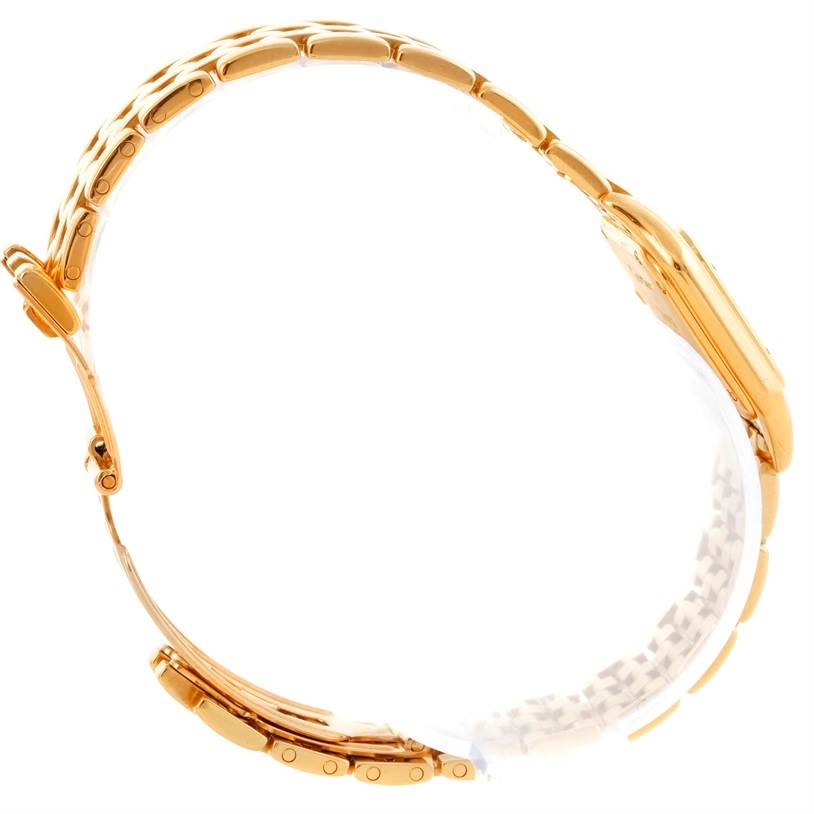 This image shows a side view of the Cartier Panthere W25022B9 Women's Yellow Gold Silver Dial W25022B9 Women's Yellow Gold Silver Dial watch, highlighting its gold bracelet and case.