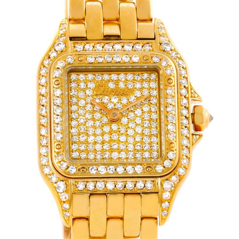 The image shows a close-up, front view of a Cartier Panthere Women's Yellow Gold Champagne Dial Women's Yellow Gold Champagne Dial watch with a gold bracelet and diamond-studded bezel and dial.