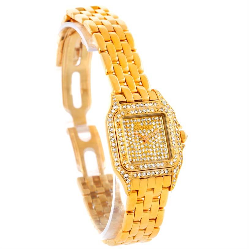 The image shows a Cartier Panthere Women's Yellow Gold Champagne Dial Women's Yellow Gold Champagne Dial watch from a front angle, highlighting its gold bracelet and diamond-encrusted case and dial.