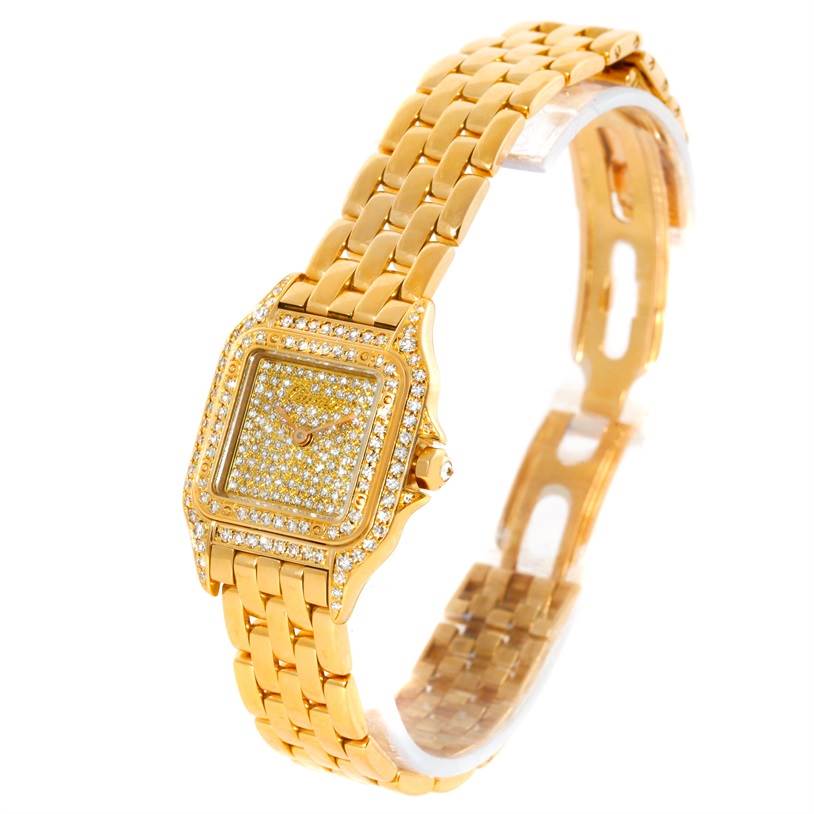 The Cartier Panthere Women's Yellow Gold Champagne Dial Women's Yellow Gold Champagne Dial watch is shown at a slight angle, highlighting its gold bracelet, diamond-encrusted case, and dial.
