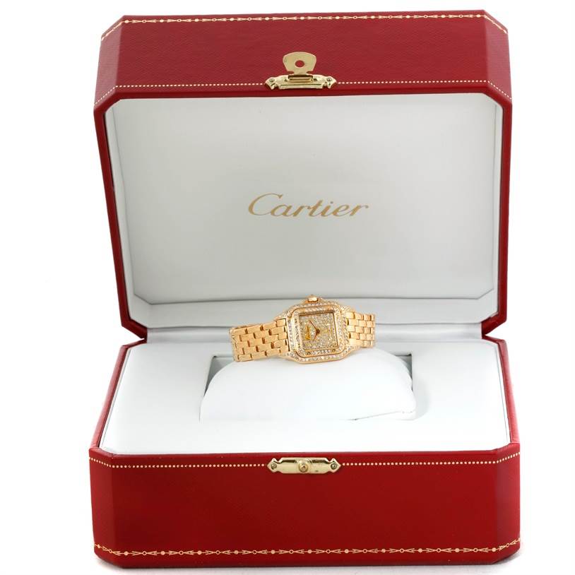 The image shows a Cartier Panthere Women's Yellow Gold Champagne Dial Women's Yellow Gold Champagne Dial model watch from a front angle, displayed in an open red jewelry box.