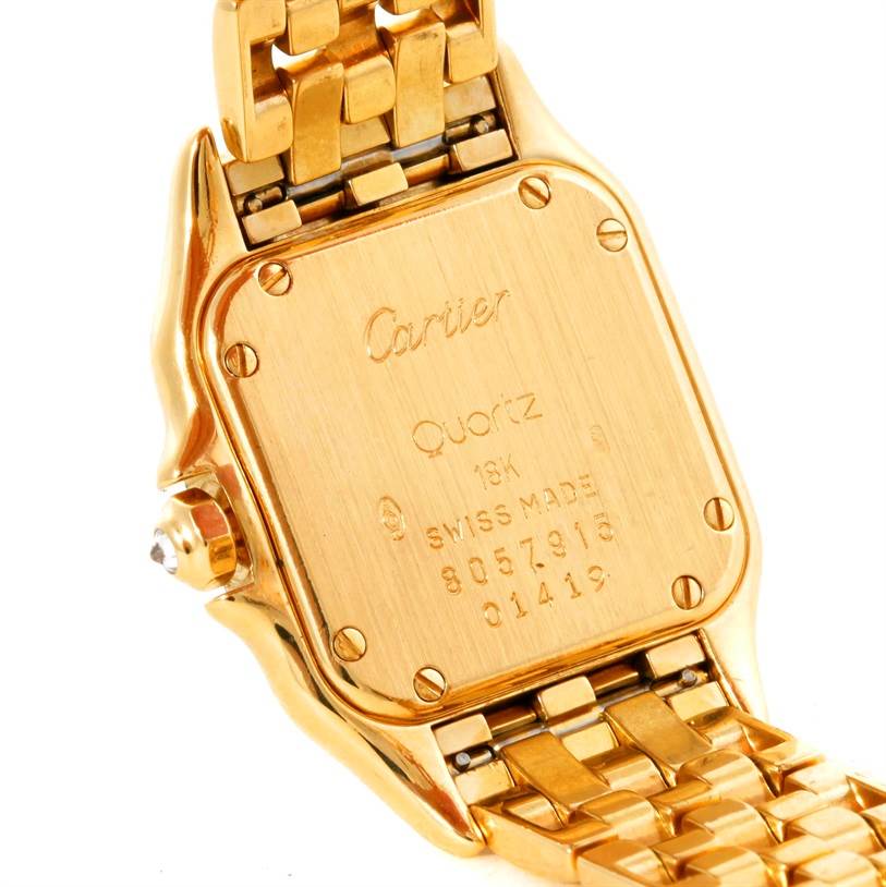 The image shows the back case and bracelet of a Cartier Panthere Women's Yellow Gold Champagne Dial Women's Yellow Gold Champagne Dial Quartz watch in a gold finish.