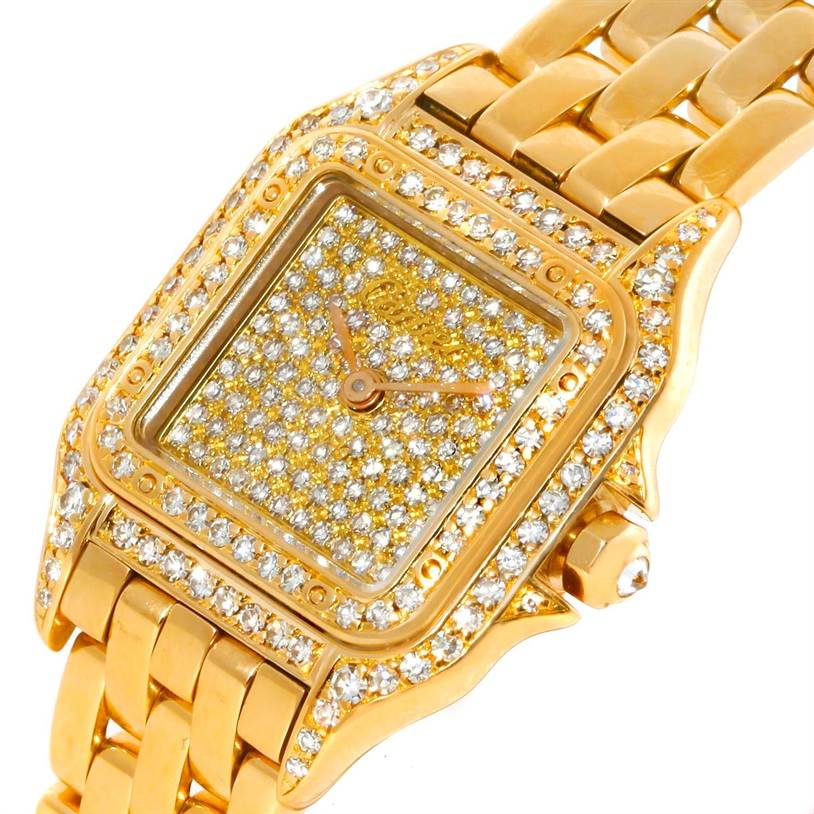 The image shows a close-up angle of a Cartier Panthere Women's Yellow Gold Champagne Dial Women's Yellow Gold Champagne Dial model watch, detailing the diamond-encrusted face and part of the gold bracelet.