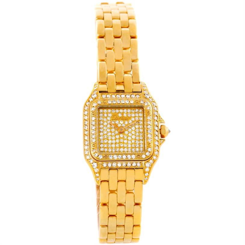 The image shows a front view of the Cartier Panthere Women's Yellow Gold Champagne Dial Women's Yellow Gold Champagne Dial watch, highlighting its gold bracelet, diamond-studded bezel, and dial.