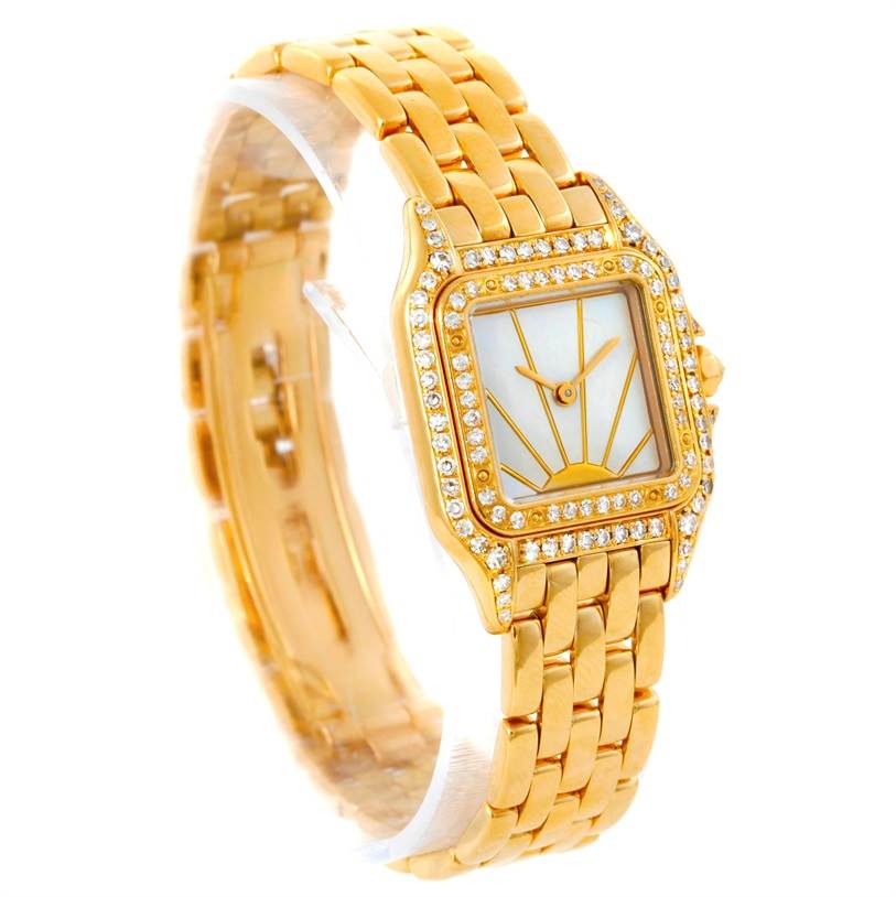 This image shows a Cartier Panthere Women's Yellow Gold Mother of Pearl Dial Women's Yellow Gold Mother of Pearl Dial model wristwatch at a 3/4 view angle, highlighting its gold band and diamond-encrusted bezel.