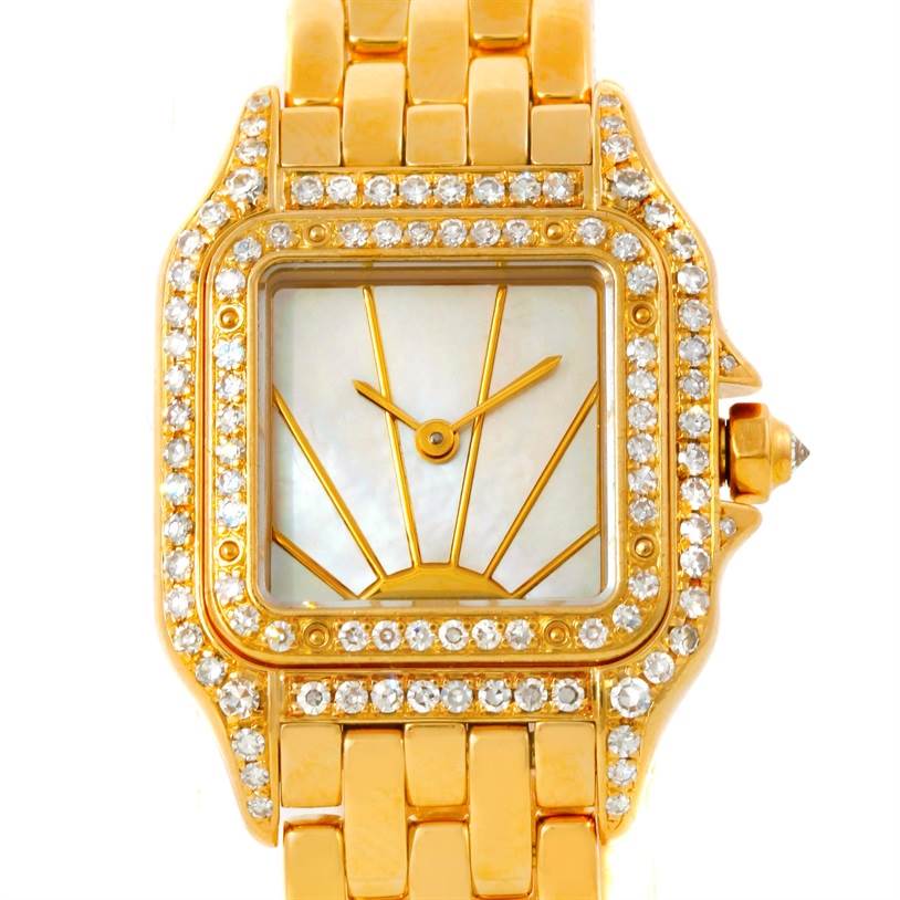 This image shows a front view of the dial and part of the bracelet of a Cartier Panthere Women's Yellow Gold Mother of Pearl Dial Women's Yellow Gold Mother of Pearl Dial watch.