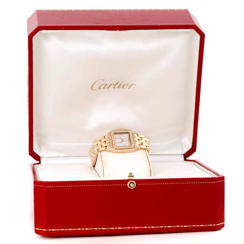 The Cartier Panthere Women's Yellow Gold Mother of Pearl Dial Women's Yellow Gold Mother of Pearl Dial watch is shown at a front angle inside its open red and white box.