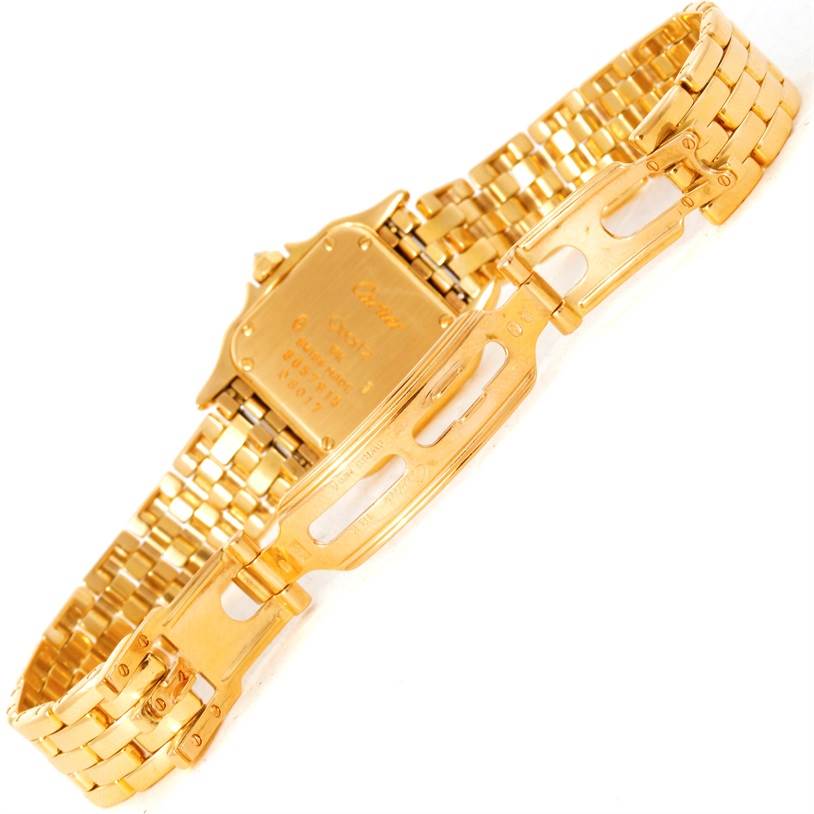 This image shows the back and clasp of a Cartier Panthere Women's Yellow Gold Mother of Pearl Dial Women's Yellow Gold Mother of Pearl Dial watch at an oblique angle.