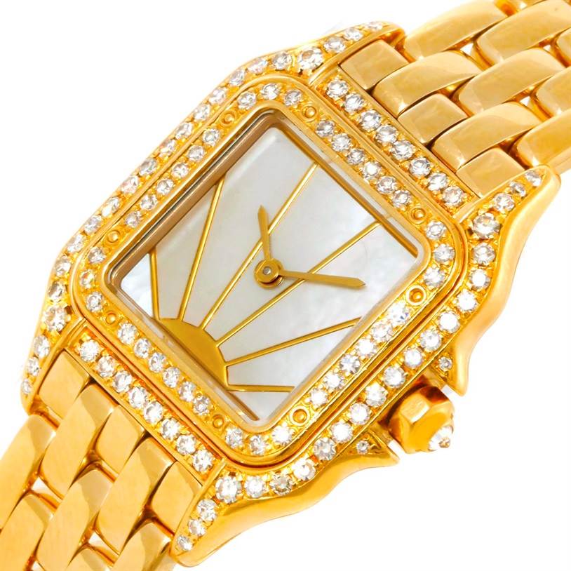 The image shows a close-up angled view of the Cartier Panthere Women's Yellow Gold Mother of Pearl Dial Women's Yellow Gold Mother of Pearl Dial model watch, highlighting its diamond bezel and gold bracelet.