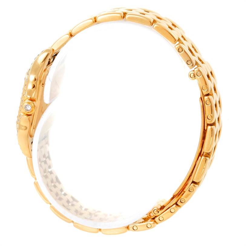 The image shows a side profile view of a Cartier Panthere Women's Yellow Gold Mother of Pearl Dial Women's Yellow Gold Mother of Pearl Dial watch, highlighting the gold link bracelet and case.