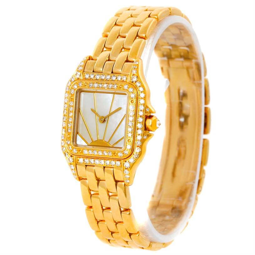 This image shows a Cartier Panthere Women's Yellow Gold Mother of Pearl Dial Women's Yellow Gold Mother of Pearl Dial watch at an angle highlighting the gold bracelet, diamond-studded bezel, and face.