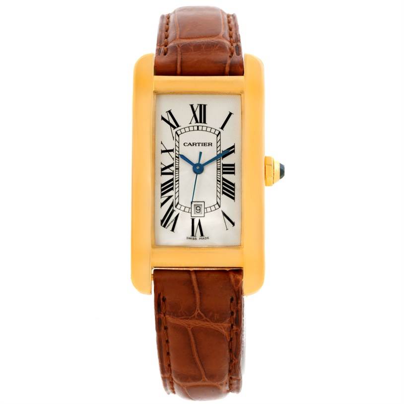 The image shows a top-down view of the Cartier Tank Américaine watch, displaying its face, case, and brown leather strap.
