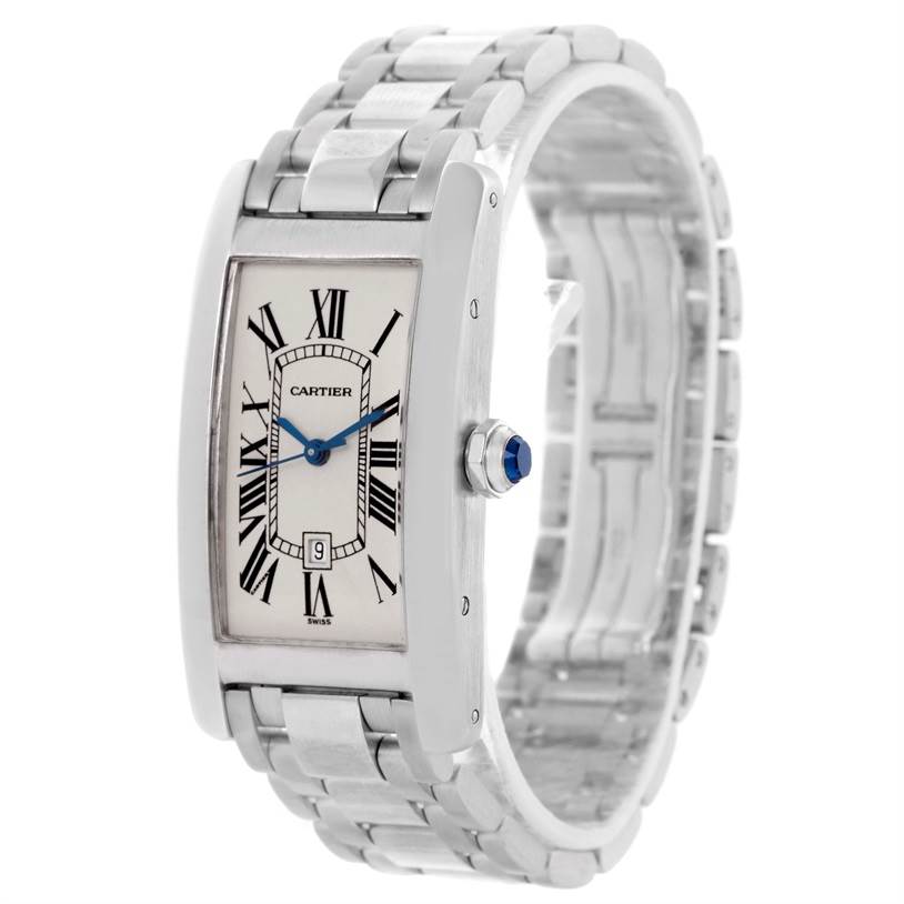 The image shows a Cartier Tank Americaine W26036L1 Women's White Gold Silver Dial W26036L1 Women's White Gold Silver Dial watch from a three-quarter front angle, highlighting the face, bezel, and metal bracelet.