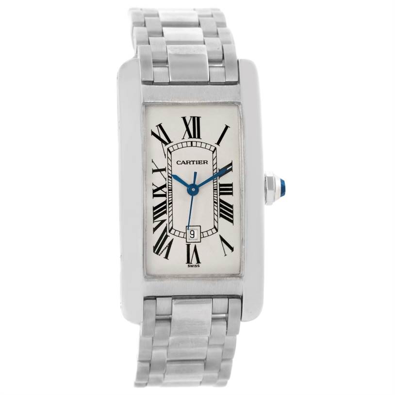 This image shows a Cartier Tank Américaine watch from a front angle, displaying the face, bracelet, and crown.