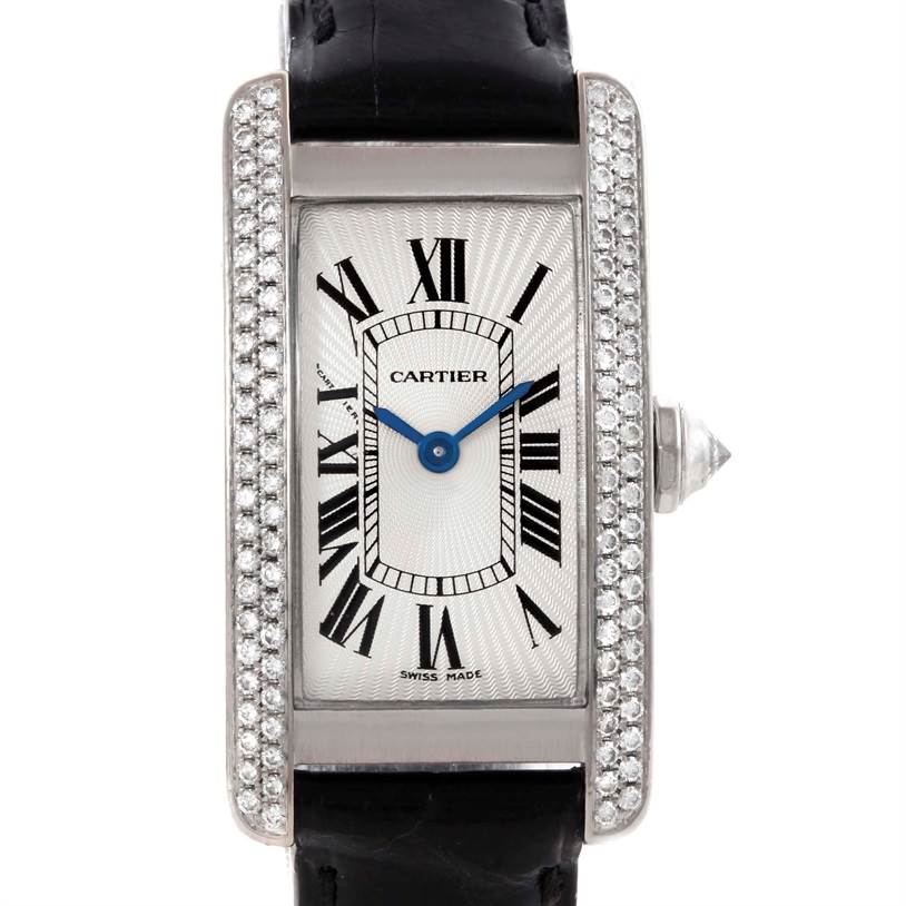 This image shows a front view of the Cartier Tank Americaine WB701851 Men's White Gold Silver Dial WB701851 Men's White Gold Silver Dial watch, highlighting its rectangular dial, Roman numerals, and bejeweled bezel.