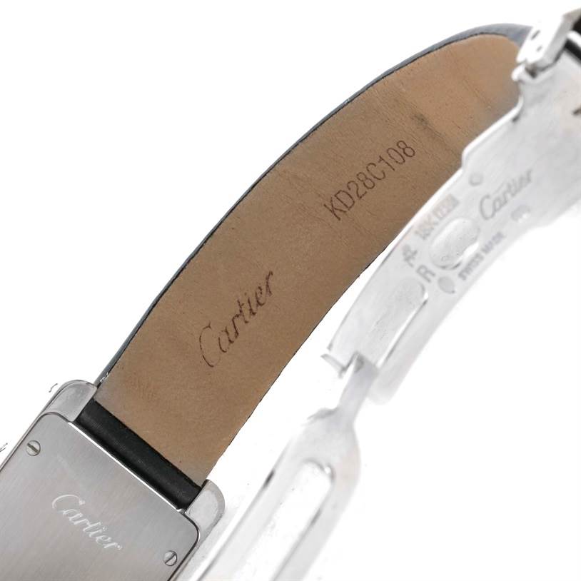 The image shows the back side of the leather strap and clasp of a Cartier Tank Americaine WB707331 Women
s White Gold Silver Dial WB707331 Women
s White Gold Silver Dial watch.