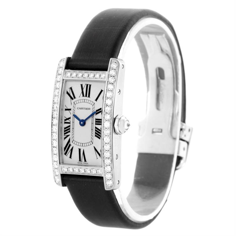 The image shows a Cartier Tank Americaine WB707331 Women
s White Gold Silver Dial WB707331 Women
s White Gold Silver Dial watch from a front and slightly angled side view, highlighting the face and strap.