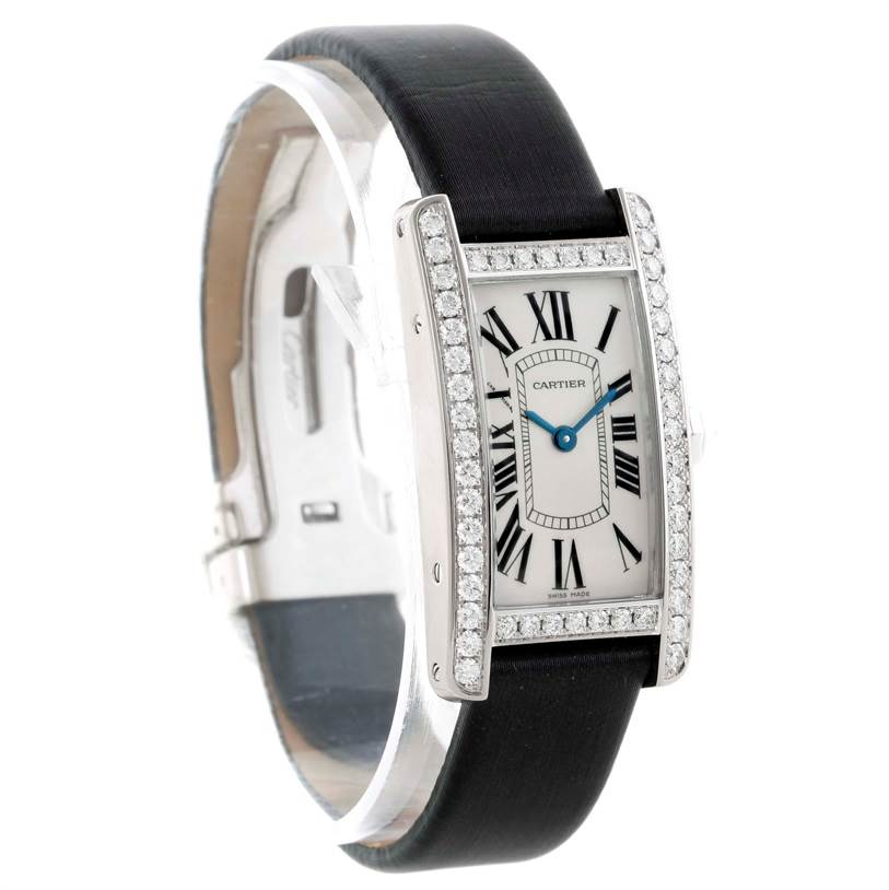 The image shows a Cartier Tank Américaine watch at an angled front view, highlighting the face, bezel, and strap.