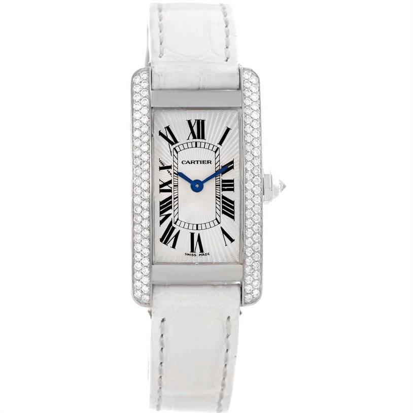 The Cartier Tank Americaine WB701851 Women
s White Gold Silver Dial WB701851 Women
s White Gold Silver Dial watch is shown from a front angle, displaying its face, bezel, crown, and strap.