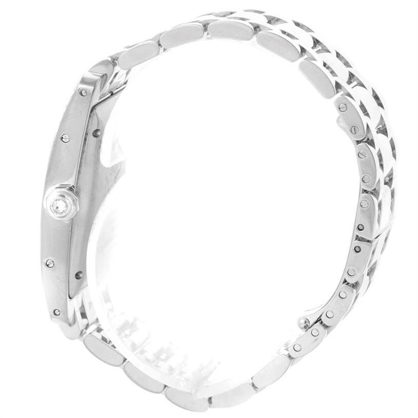 This side profile of the Cartier Tank Américaine watch highlights its case and bracelet, showcasing the watch crown and link details.