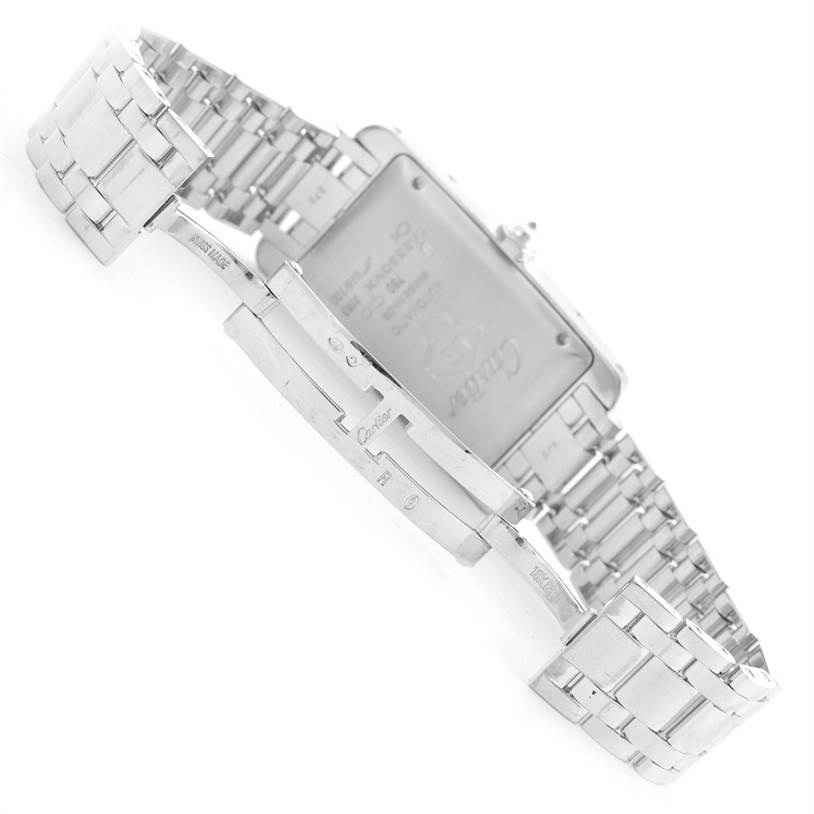 This image shows the back and bracelet clasp of a Cartier Tank Americaine WB710001 Women
s White Gold Silver Dial WB710001 Women
s White Gold Silver Dial watch at an angled view.